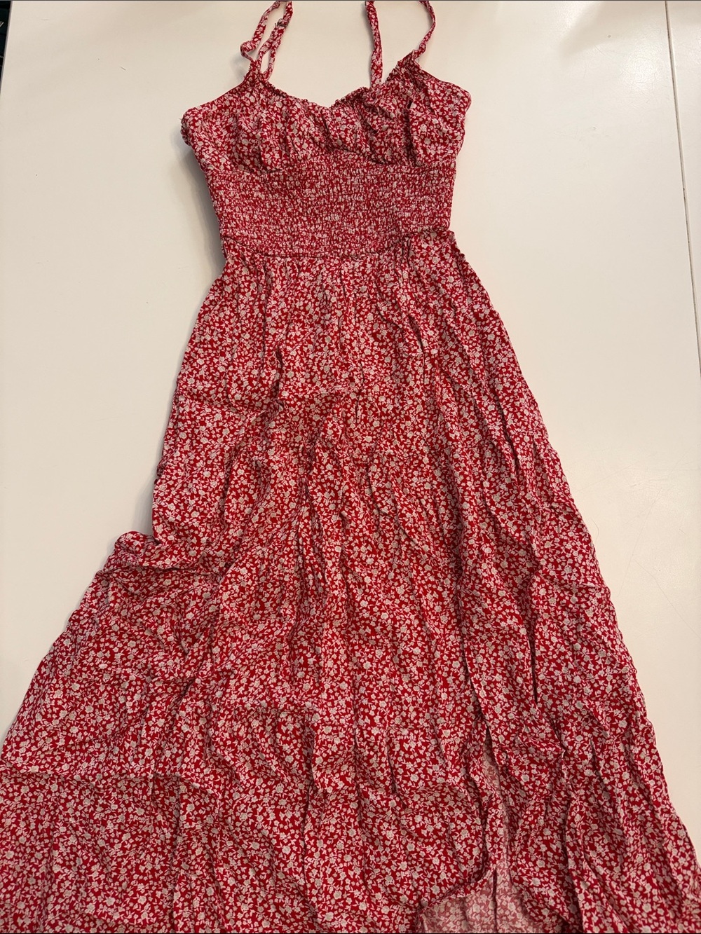Hollister Red Floral Midi Dress with Smocked Bodice